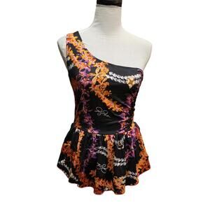 Vintage y2k Baby Phat Black Graphic Spandex One Shoulder Peplum Tank Top Sz M